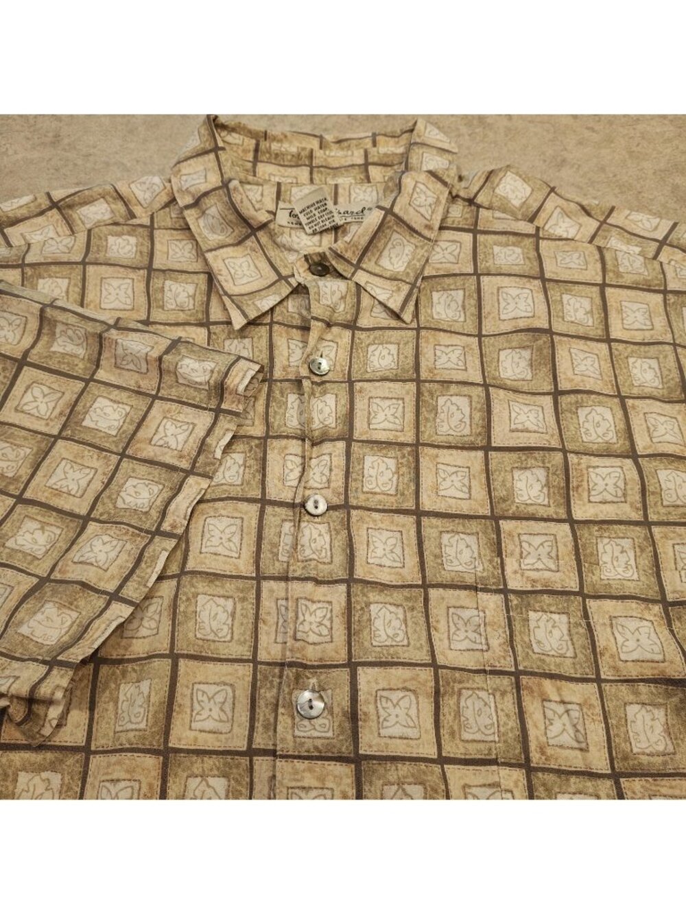 Tori Richard Hawaiian Shirt Mens XL Beige Geometric Aloha Button Up Short Sleeve